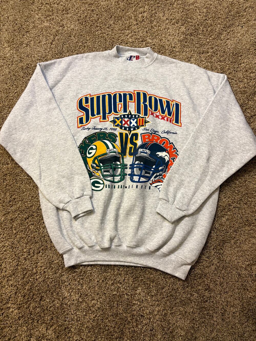 VTG 90s Logo Athletic Super Bowl XXXII Packers Broncos Crewneck Sweater Size XL